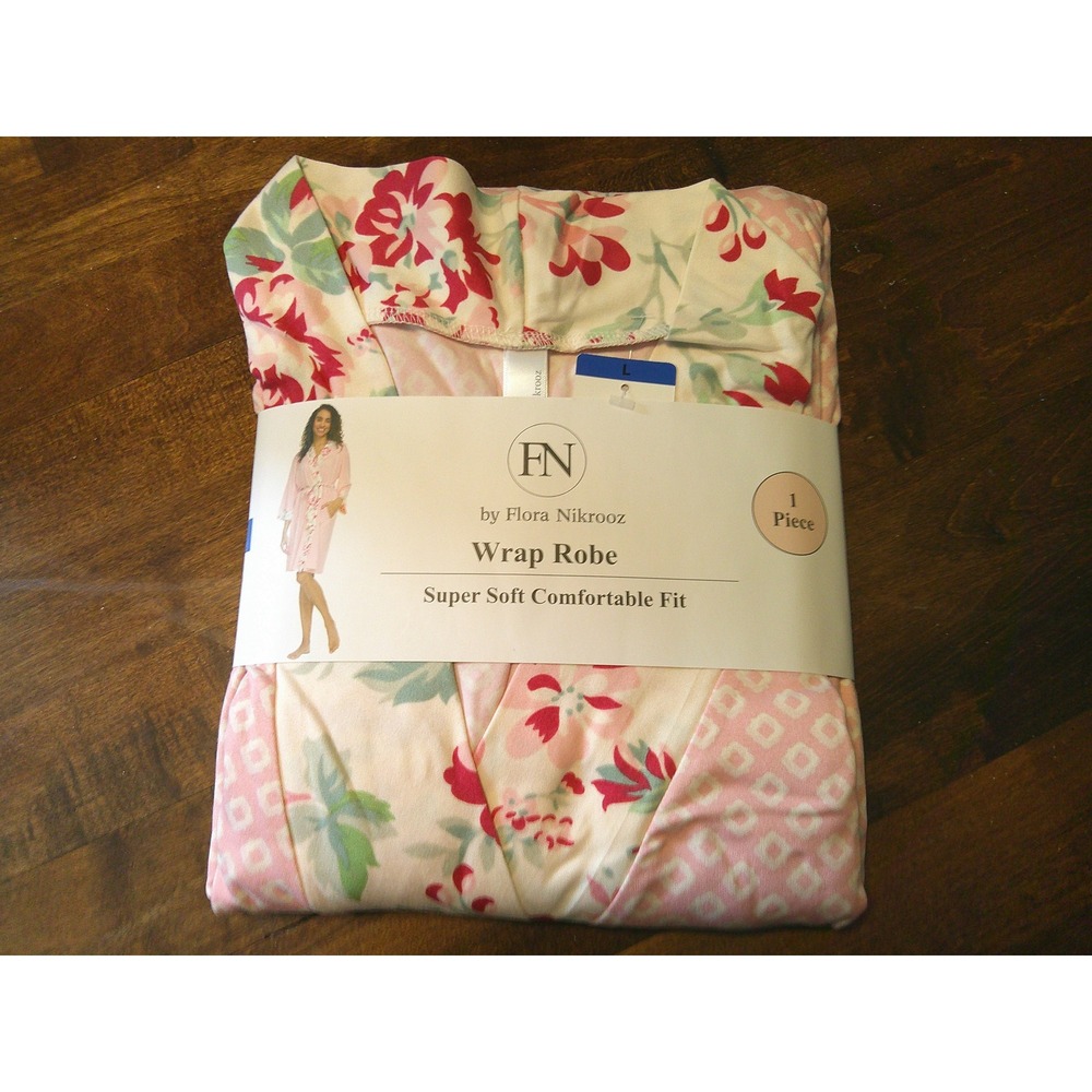Flora Nikrooz Wrap Robe Women Large Pink NWT Floral Geometric Super Soft 1611698